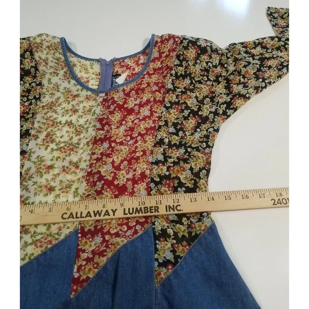 Tickets Vintage‎ Dress S Cottagecore Floral Top Denim Skirt Long Sleeve Knee
